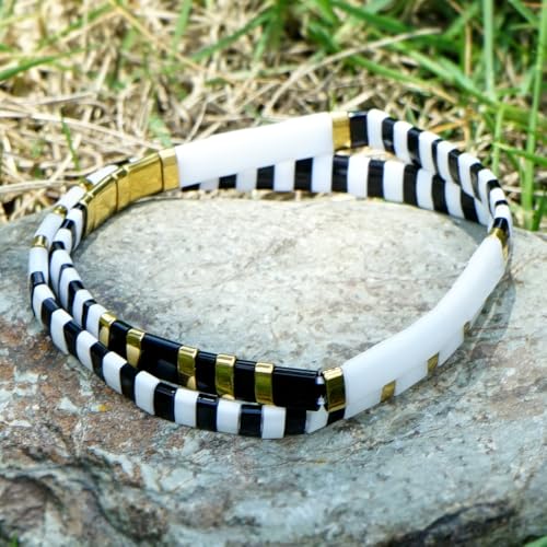 Tila Flat Beaded Bracelet for Women,Bohemian Colorful Stretch Square Glass Bead Elastic Layred Bracelet Stack, Handmade Boho Trendy Holiday Jewelry Accessories Friendship Gift - color: Black White