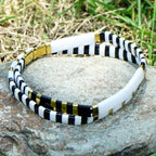Tila Flat Beaded Bracelet for Women,Bohemian Colorful Stretch Square Glass Bead Elastic Layred Bracelet Stack, Handmade Boho Trendy Holiday Jewelry Accessories Friendship Gift - color: Black White