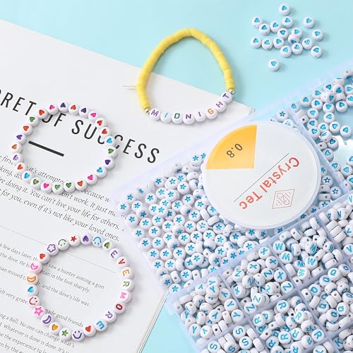 Acrylic Letter Beads 4mm Flat Round, 6mm Square - Beads for Making Friendship Bracelet or Necklace (26 Pieces of Flat Round White with Blue) - color: 26 pieces of flat round white with blue