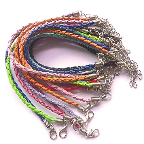 Onwon 50 PCS Mixed Color Leather Lace Plaited Bracelet Cords DIY Jewelry Making Handicrafts Braided Ropes with Lobster Clasps Extended Chain for Wrist Charms Bracelets Jewelry Making - size: 9.25 inches / 23.5 cm
