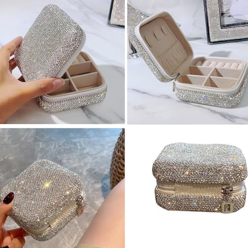Bling Jewelry Organizer, Travel Jewelry Case Organizer Portable Small Jewelry Storage Box Shining Jewelry Holder Case Gifts for Women Teen Girls and Friends Mother's Days (Silver)