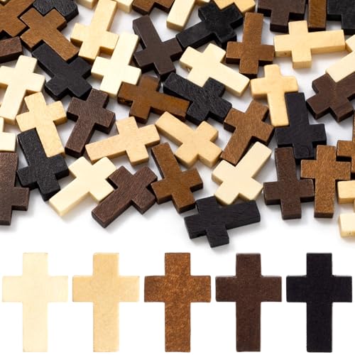 60 Pcs Cross Charms for Jewelry Making, Religious Cross Beads for Bracelets, Crosses for Jewelry Making, Bracelets, Necklaces, DIY Crafts (5 Colors) - color: 60pcs, 22x14mm, Wood Color