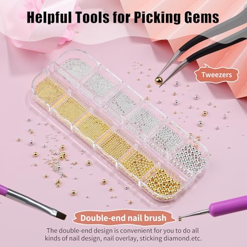 3D Mini Small Metal Stainless Steel Caviar Nail Beads Balls, 0.8-3mm Gold Silver Alloy Nail Art Chain Charms Studs with Tweezers and Dual-end Brush (1-K1-metal-beads) - color: 1-K1-metal-beads