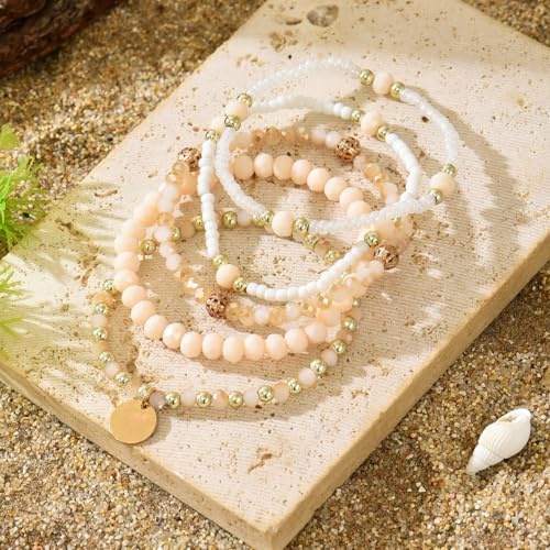 5Pcs Bohemian Multilayer Crystal Beads Stackable Bracelets Y2K Circle Disc Coin Pendant Colorful Beaded Elastic Stretch Bracelets for Women Boho Beach Vacation Holiday Jewelry Gift - color: Beige