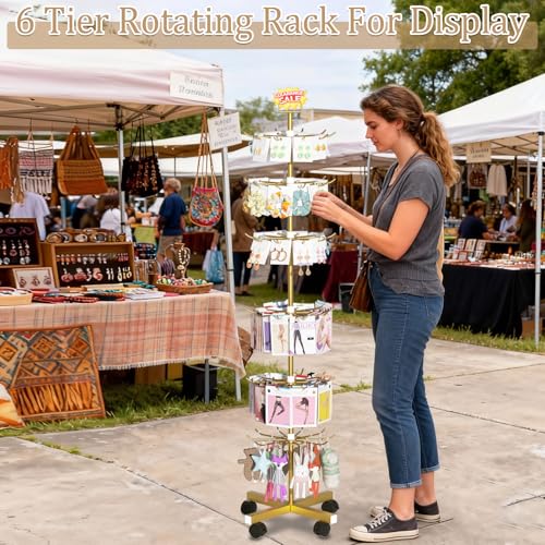 Retail Display Stand Store Display Rack 6 Tier Metal Spinning Display Stand Rack with Wheels Keychain Jewelry Stocking Hat Stand with Hooks for Malls, Showroom, Retail Store (6 Tier Gold) - color: 6 Tier Gold
