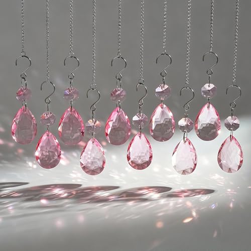 H&D HYALINE & DORA 3Inch Crystal Suncatcher Bauhinia Prisms Pendants 10Pcs Chandelier Crystals Replacement Hanging Sun Catcher Beads for DIY Arts Crafts Decor (Pink) - color: Pink