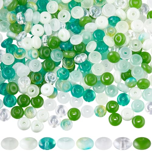 SUNNYCLUE 1 Box 400Pcs 8 Colors Glass Seed Beads Green Glass Beads Bulk 6mm Flat Rondelle Transparent Glossy Loose Spacers for Crafts DIY Bracelets Necklaces Phone Chain Jewelry Making Supplies Adult - color: Green, Transparent, White