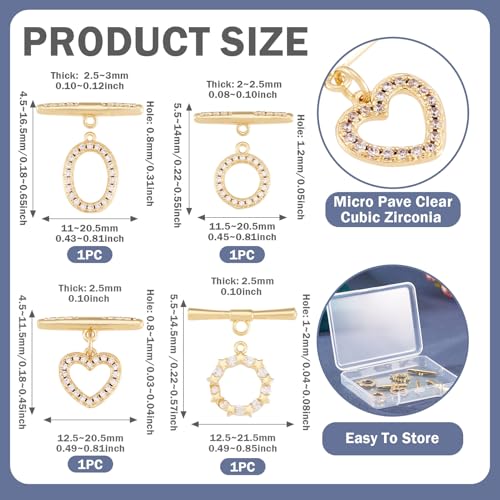 4Pcs Cubic Zirconia Toggle Clasps 18K Gold Plated Brass Toggle Jewelry Clasps IQ End Connector Oval Ring Star Heart T-Bar Closure Clasp for Bracelet Necklace Jewelry Making - color: Clear