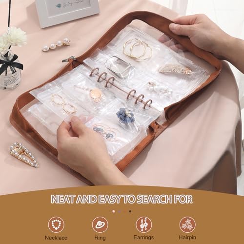 Jewelry Organizer Case Travel Jewelry Storage Bag Clear Jewelry Rolls (Light Brown,With 80 PCS Earring Pouches) - color: Light Brown,With 80 PCS Earring Pouches