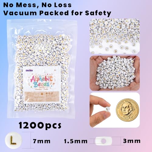 Gionlion 1200+Pcs Round Letter Beads for Bracelet Making, Acrylic Alphabet Beads for Jewelry Making, DIY Friendship Bracelets with 4x7mm White Beads with Gold Letters - color: Gold