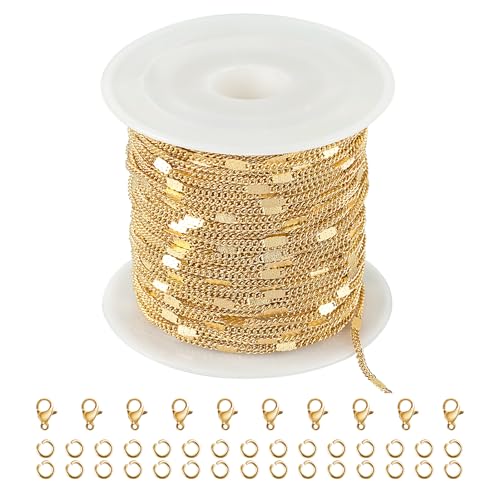 Kyutong 32.8 Feet Gold Plated Jewelry Making Chain on Spool Thin Flat Curb Chains Solid Stainless Steel Jewelry Chain for Necklace DIY with Jewelry Accessories - color: Flat Curb Gold