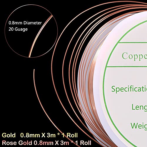 MIKIMIQI 2 Pack Jewelry Wire - 20 Gauge Tarnish Resistant Copper Beading Wire for Jewelry Making, 0.8mm X 3m Each (Gold, Rose Gold) - color: Gold,Rose Gold