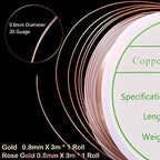 MIKIMIQI 2 Pack Jewelry Wire - 20 Gauge Tarnish Resistant Copper Beading Wire for Jewelry Making, 0.8mm X 3m Each (Gold, Rose Gold) - color: Gold,Rose Gold