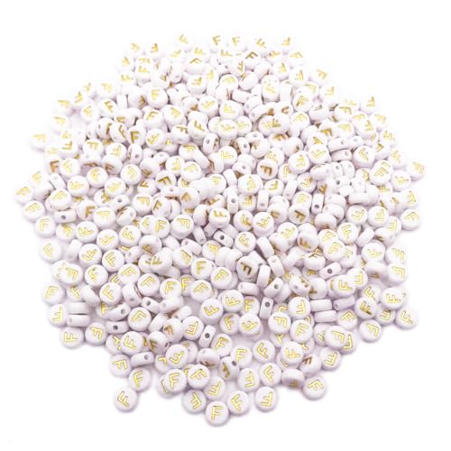 500PCS 4x7mm Acrylic Letter Beads F for Friendship Bracelets Jewelry Making, White Round Flat Acrylic with Golden Alphabet Beads for DIY Crafts Bracelets Necklaces Key Chains Phone Lanyard - color: F(Golden on White)