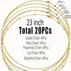stino 20 Pack Stainless Steel Chains for Jewelry Making, Mixed Styles, Bulk Gold Plated Necklace Chains, Satellite, Paper Clip, Lip, Rolo, Cable (Gold Plated (23 inch)) - color: Gold Plated (23 inch)