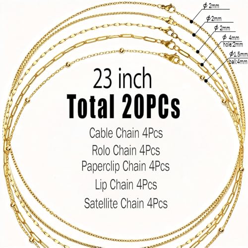 stino 20 Pack Stainless Steel Chains for Jewelry Making, Mixed Styles, Bulk Gold Plated Necklace Chains, Satellite, Paper Clip, Lip, Rolo, Cable (Gold Plated (23 inch)) - color: Gold Plated (23 inch)