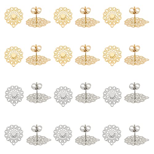 UNICRAFTALE About 24pcs Bohemian Stud Earring with Loop Stainless Steel Filigree Hollow Ear Stud Component with Stoppers Ear Nuts 0.7mm Pin Earring Posts for Jewelry Making - color: 2 Colors/Flower
