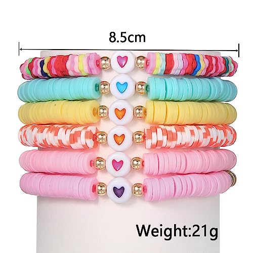 COLORFUL BLING 5-12Pcs Bohemian Love Heart Bead Bracelets for Women Vinyl Disc Heishi Surfer Stackable Stretch Bracelet Summer Beach Boho Jewelry - color: 6pcs mix