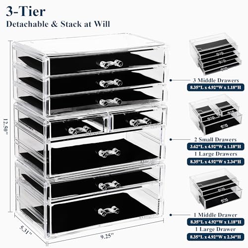 Sea Team 3-Tier Stackable Clear Makeup Organizer with Drawers, Acrylic Plastic Cosmetic Display Case, Jewelry Storage Box, Holder for Dresser, Bathroom, Vanity, Countertop (8 Drawers) - size: 3-Tier, 8 Drawers