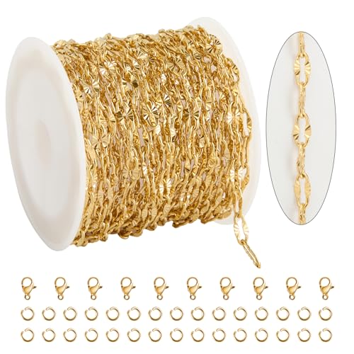 KYUNHOO 5 Meters Gold Plated Chains for Jewelry Making Sunflower Texture Chain Links Gold Stainless Steel Jewelry Chain 8MM Long Lip Chain for Jewelry Craft DIY with Jump Rings Lobster Clasps - color: Cross Oval Gold
