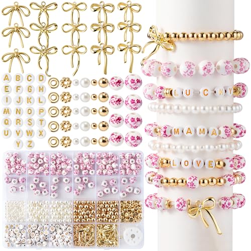 OSNIE Pink Flower Ceramic Beads - 681Pcs Vintage Pink Flower Printed Spacer Beads, Round Porcelain Pearl Gold Bead Making Kit for Women, Bow Charm DIY Jewelry Supplies Handmade Craft Gift for Necklace - color: Pink