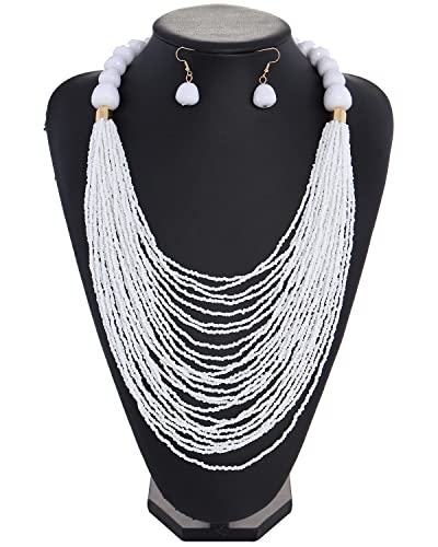 Bocar Necklace for Women, Multi Layer Statement Necklace, Long Chain Chunky Bib Seed Beads Necklace, Necklace Earring Set for Women Gift (NK-10693) - color: White