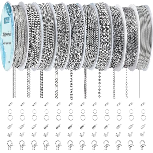 Ecoofor Necklace Chains for Jewelry Making, 82 Feet 10 Rolls Stainless Steel Jewelry Chains for Men Women DIY Necklace Bracelet Jewelry with Jump Rings/Lobster Clasps/Connectors - color: Silver 2, size: 10 Rolls