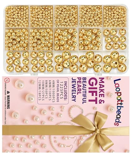 Laopottbeads 1225 Pcs Gold Beads with Oxidation-Resistant Finish, 4/6/8/10/12mm Round Beads DIY Kit for Bracelets, Earrings, Necklaces & Anklets - color: Golden, size: 4/6/8/10/12 mm, 1225 pcs
