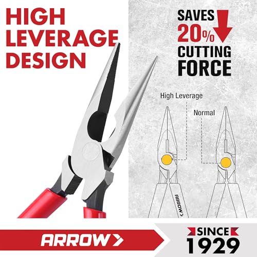 ARROW 8" High Leverage Needle Nose Pliers with Side Cutters, Long Nose Pliers for Gripping, Wire Bending, Cutting - size: 8 INCH