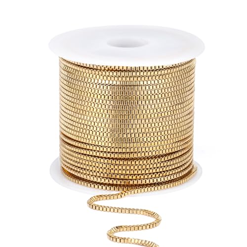 33FT 18K Gold PVD Plated Box Chains Roll, 2mm Gold Stainless Steel Box Chain Spool Bulk for DIY Jewelry Making Necklace Bracelet - color: gold, size: 2mm