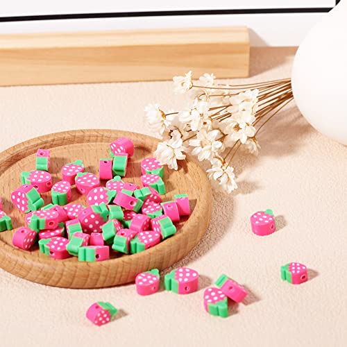 50PCS Handmade Polymer Clay Beads Hot Pink Color Strawberry Shape Loose Beads Fruit Theme Spacer Beads for DIY Bracelet Necklace Earring Charm Jewelry Making Hole 1.6mm - color: Strawberry # Hot Pink