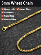 FaithHeart Stainless Steel Chains for Men, Silver/Black/14K Gold Plated Snake/Wheat/Box/Rope/Rolo Chain Necklace 16-30 Inches with Delicate Gift Box - color: 02. Spiga Chain-Gold, size: Length 18 Inches