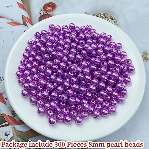 Pinhoollgo 300pcs Pearl Beads 8mm Round Pearl Beads with Hole for DIY Bracelet Necklace Jewelry Making Supplies Handmade Craft(Purple) - color: Purple, size: 8mm/300pcs