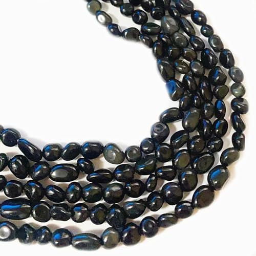 6-8mm Natural Black Obsidian Nuggets Oval Free Tumbled Pebble Semi Precious Gemstone Loose Stone Beads Approx 15.5 inch for DIY Jewelry Making - color: Black Obsidian