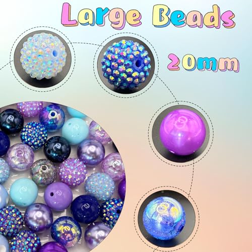 50PCS Bubblegum Beads 20mm，Large Beads for Jewelry Making，Round Circle Chunky Bead for Craft Pen Keychain Bracelets, beadable for Dog cat Collar Necklace (Mixed Blue/Purple) - color: Mixed blue/purple