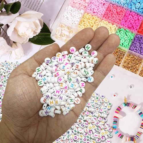 500PCS 4x7mm Acrylic Letter Beads H for Friendship Bracelets Jewelry Making, White Round Flat Acrylic with Colourful Alphabet Beads for DIY Crafts Bracelets Necklaces Key Chains Phone Lanyard - color: H(colourful on white)