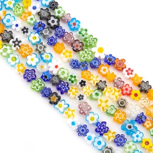 OLYCRAFT About 264~330 Pcs Millefiori Lampwork Glass Beads 3.7~5.6mm Handmade Flower Millefiori Lampwork Glass Beads 1mm Hole Colorful Flower Spacer Loose Beads for Necklace Jewelry Crafts Making - color: Flower #4