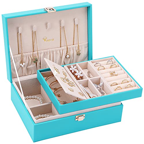 Voova Jewelry Box Organizer for Women Girls, 2 Layer Large Men Jewelry Storage Case, PU Leather Display Jewellery Holder with Removable Tray for Necklace Earrings Rings Bracelets, Gift, Teal/Lake Blue - color: Teal/Lake Blue