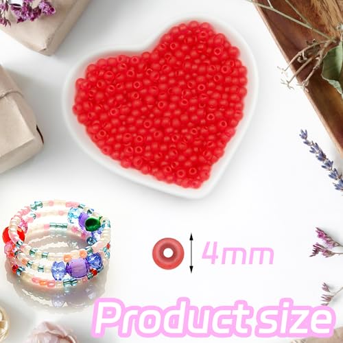 4mm Frosted Glass Seed Beads Bulk, 1000pcs Small Round Glass Bead Matte Loose Spacer Beads for Beading, Friendship Bracelet, Pendants, Key Chains, Necklaces, Hairpins, Red