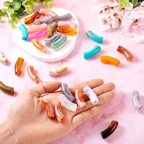Spritewelry 30 pcs Acrylic Curved Tube Beads Two Tone Chunky Bangle Bamboo Tube Beads Imitation Gemstone Curved Bracelet Beads for Jewelry Making DIY Crafts - color: Orange-Opaque