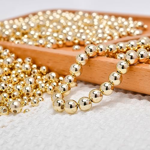 300pcs 14K Gold Bead,Seamless Gold Round Beads,Brass Loose Bead,that Do Not Fade Easily,Gold Beads for Bracelet Necklace Making (5MM) - size: 5MM