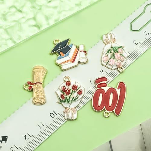 24pcs Alloy enamel graduation season set graduation hat diploma academic dress bouquet Pendant Jewelry Making DIY Keychain Earrings Pendant Various Design Charms for Jewelry Making Bracelets Necklace (SN722) - color: SN722