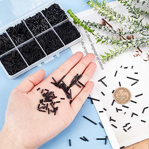 arricraft 4 Sizes Glass Bugle Beads, 1980 Pcs Opaque Frosted Black Charms, Small Craft Beads with Hole Long Tube Seeds for DIY Bracelet Necklaces Crafting Jewelry Making