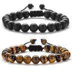 Hamoery Men Women 8mm Tiger Eye Stone Beads Bracelet Elastic Natural Stone Yoga Bracelet Bangle - color: Black and Brown