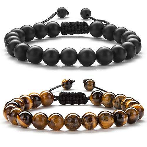 Hamoery Men Women 8mm Tiger Eye Stone Beads Bracelet Elastic Natural Stone Yoga Bracelet Bangle - color: Black and Brown