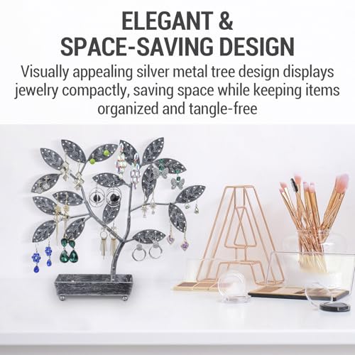 MyGift Jewelry Tree w/Bird Nest 48 pair Earrings Holder, Bracelets/Necklace Organizer Stand (Silver Metal) - color: Silver Metal