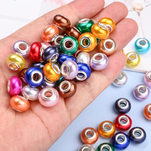 PIPITREE 100PCS Acrylic Beads 9 * 14mm Focal Beads for Pens Acrylic Flat Bulk Bead Imitation Pearl Mixed Color 6mm Large Hole Bead for Keychains Beadable Pens DIY Crafts Jewelry Making & Gift Giving - color: Imitation Pearl