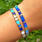 Tila Flat Beaded Bracelet for Women,Bohemian Colorful Stretch Square Glass Bead Elastic Layred Bracelet Stack, Handmade Boho Trendy Holiday Jewelry Accessories Friendship Gift - color: Blue