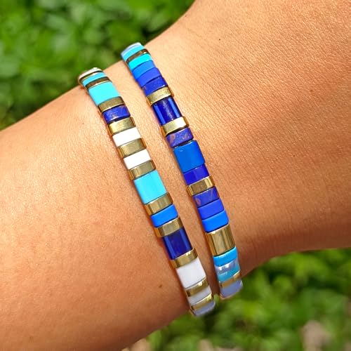 Tila Flat Beaded Bracelet for Women,Bohemian Colorful Stretch Square Glass Bead Elastic Layred Bracelet Stack, Handmade Boho Trendy Holiday Jewelry Accessories Friendship Gift - color: Blue