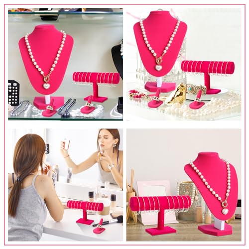 Wenqik 4 Pcs Velvet Jewelry Display Set Velvet Necklace Bust Holder Bracelet Organizer 2 Ring Finger Jewelry Holder - color: Rose Red